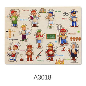 Montessori Wooden Puzzles Hand Grab Boards Toys Tangram Baby Educational Toys Cartoon Vehicle Animals Fruits 3D Puzzles