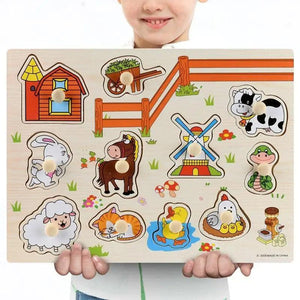 Montessori Wooden Puzzles Hand Grab Boards Toys Tangram Baby Educational Toys Cartoon Vehicle Animals Fruits 3D Puzzles
