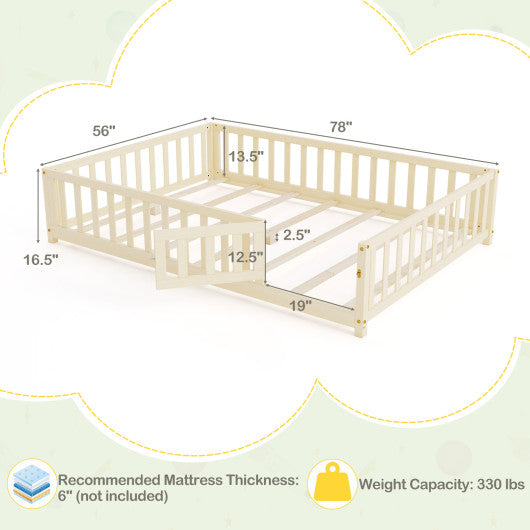 Montessori Bed Frame with Full-length Guardrails Safety Door and Latch-Natural