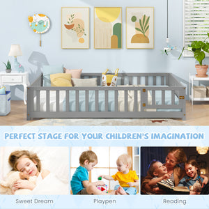 Montessori Bed Frame with Full-length Guardrails Safety Door and Latch-Gray