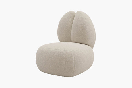 The Moony Fleece Curved Lounge Chair by Acanva is a modern, minimalist beige chair featuring a rounded, cushioned design and a split backrest on a white background.