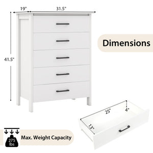 Modern 5-Drawer Multipurpose Chest Dresser with Metal Handles-White