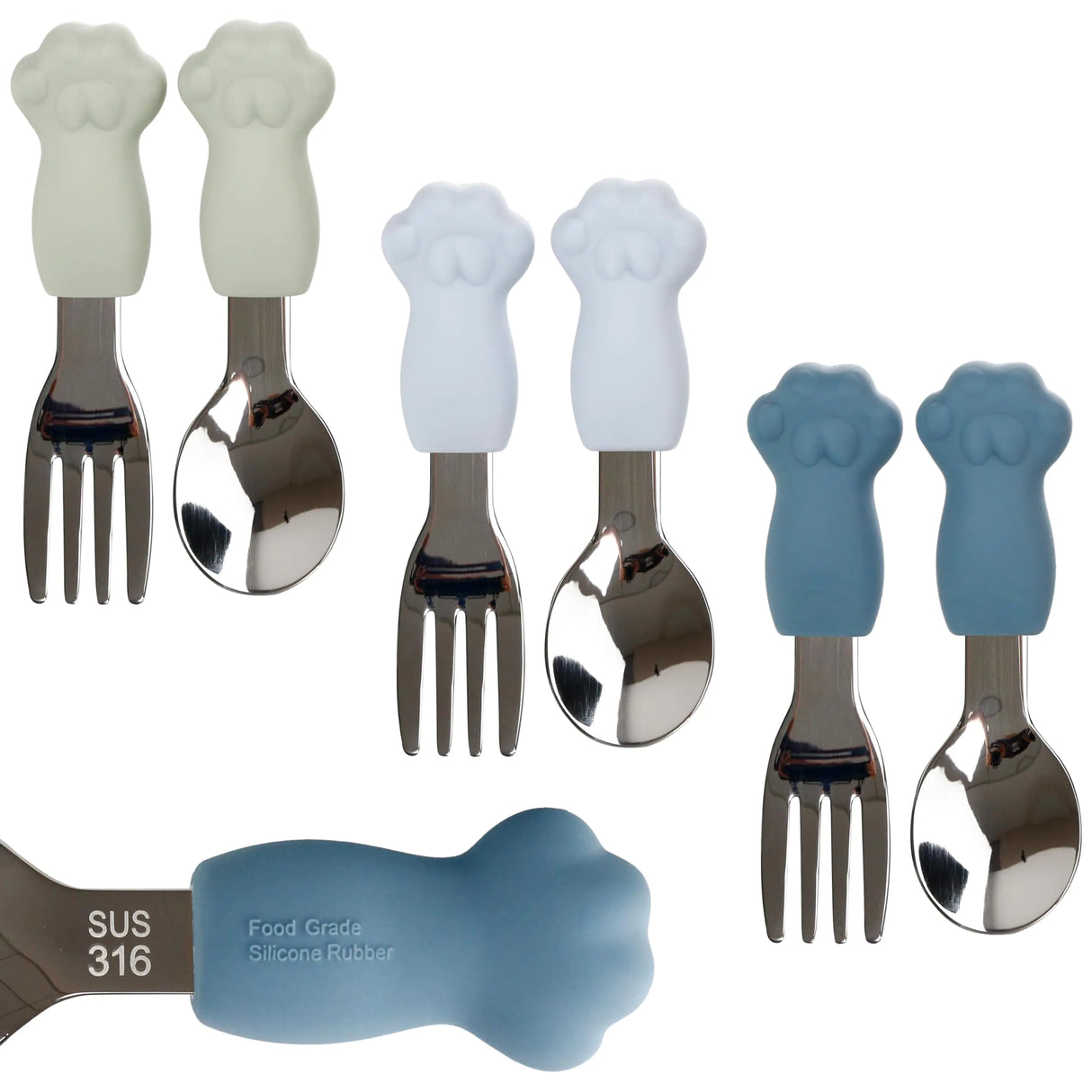 6 Pieces Toddler Utensils Stainless Steel & Food Grade Silicone Fork & Knife Set Cat Paw Flatware with Silicone Handle Easy-Grip Handles Cutlery for Self Feeding Dishwasher Safe BPA Free (Blue)