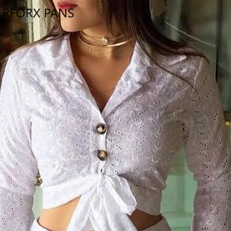 Casual Women’s Broderie Lace Blouse and Shorts Set