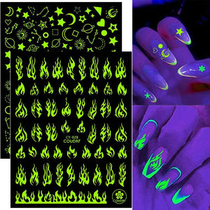 Nail Stickers Back Glue Fluorescent Light Flame Butterfly Moon Love Pattern Designs Nail Decal Decoration Tips For Beauty Salons Glow in Dark Nail Stickers Self-Adhesive Nail Art Decals Butterfly Flower Star Heart Nail Strips Glow Dark Nail Art Manicure