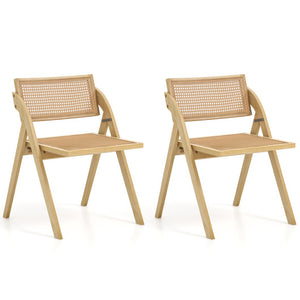 Foldable Dining Chairs Set of 2 with Woven Rattan Backrest-Natural