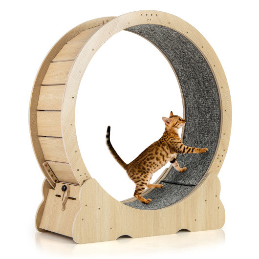 40 Inch Large Cat Exercise Wheel with Lockable Mechanism and Carpeted Runaway for Indoor Cats-Natural