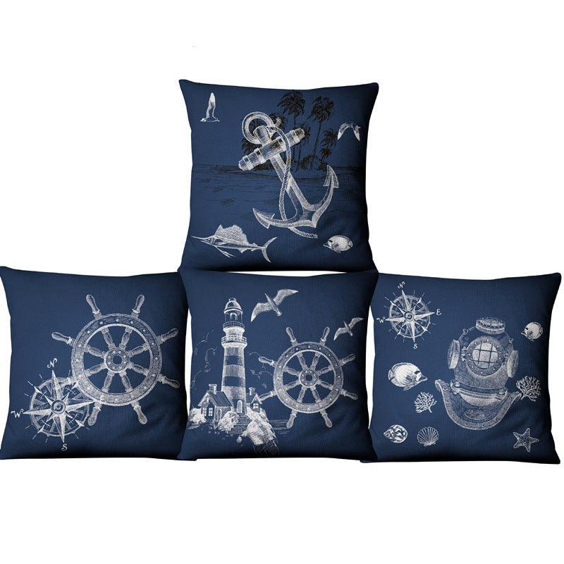 Navigation Navy Blue Nautical Shell Starfish Linen Pillow Cover Blue Anchor Navigation Anchor Sailboat Pillowcase Marine Cushion Cover Sofa Home Decorative Cushion Cover For Home