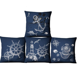 Navigation Navy Blue Nautical Shell Starfish Linen Pillow Cover Blue Anchor Navigation Anchor Sailboat Pillowcase Marine Cushion Cover Sofa Home Decorative Cushion Cover For Home