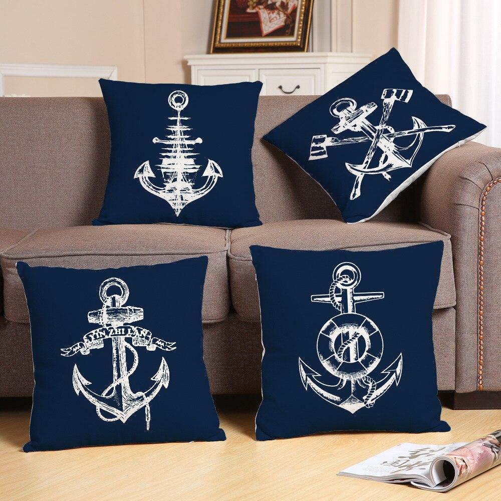 Navigation Navy Blue Nautical Shell Starfish Linen Pillow Cover Blue Anchor Navigation Anchor Sailboat Pillowcase Marine Cushion Cover Sofa Home Decorative Cushion Cover For Home