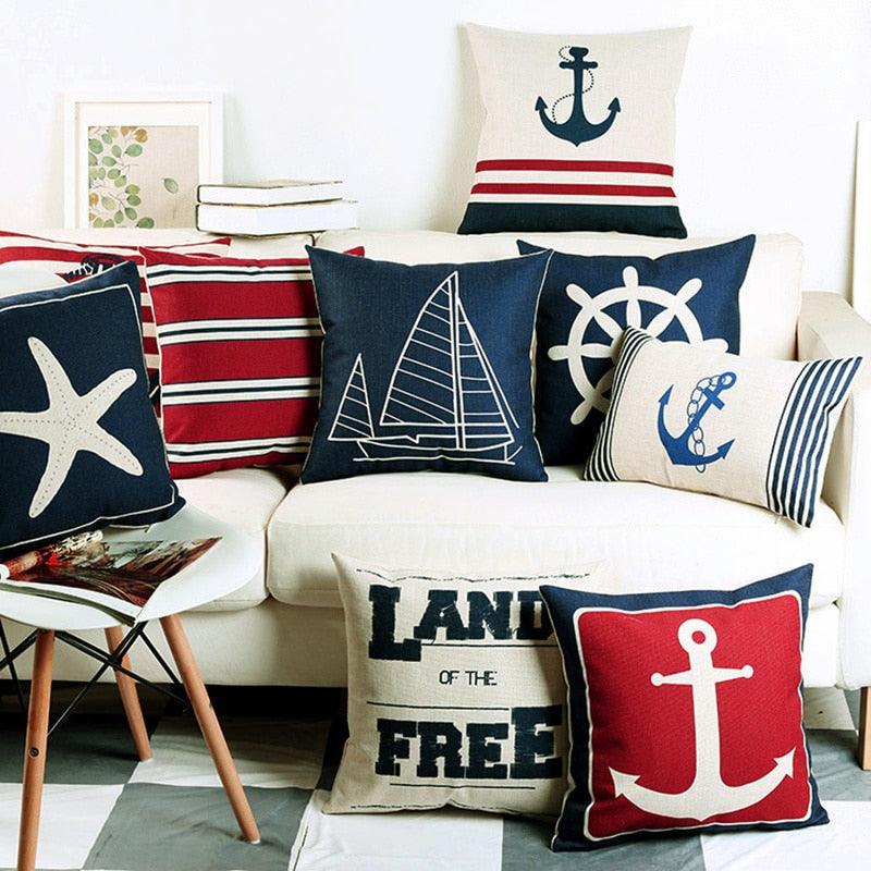 Navigation Navy Blue Nautical Shell Starfish Linen Pillow Cover Blue Anchor Navigation Anchor Sailboat Pillowcase Marine Cushion Cover Sofa Home Decorative Cushion Cover For Home