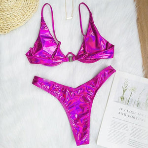 Neon V-bar Underwired Bikini Female Ribbed Swimsuit Women Swimwear Two-pieces Bikini set Push up Bathing Suit