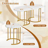 Nesting Coffee Table Set of 3 with Faux Marble Tabletop and Powder-coated Gold Metal Frame-White