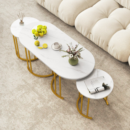 Nesting Coffee Table Set of 3 with Faux Marble Tabletop and Powder-coated Gold Metal Frame-White