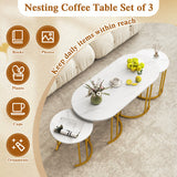 Nesting Coffee Table Set of 3 with Faux Marble Tabletop and Powder-coated Gold Metal Frame-White
