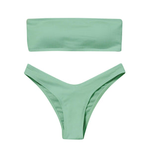 New Bikini High Waist Strapless Bikini Women Swimwear Women Swimsuit Padded Bathing Suit Pure Color Women's Bandeau Bikini Top-High Leg High Waist Bikini Bottom Set