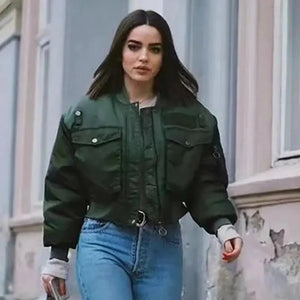 New Classic Design Autumn Winter Green Short Jackets Women Fashionable Long Sleeve Zipper Bomber Jacket Outwear Women's Coat