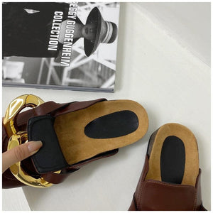 Gold Chain Women Slipper Closed Toe Slip On Mules Shoes Round Toe Low Heels Casual Slides Flat Sandals Slip On Slide Sandals Elegant Heels Slides Slippers