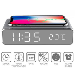 New Electric LED Alarm Clock With Mobile Phone Wireless Charger HD Clock Digital Alarm Clock with Wireless Charging 3 Alarms LED Display Sound Control and Snooze Dual for Bedroom Bedside Office Mirror With Time Memory Digital Thermometer Clock