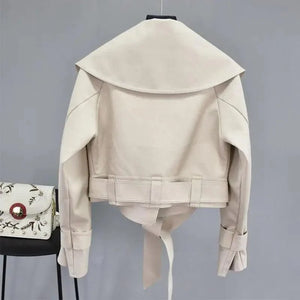 New Elegance Autumn Women's Pu Leather Jackets Short Coat Turndown Collar Belt Lace-up Motorcycle Black Punk Red Overcoat Female Outwear