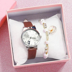 New Fashion Childrens Watch Analog Children Quartz Watch With Bracelet Set Little Cat Watch Kids Children Quartz Electronic Watch Unisex Wrist Leather Strap Watches