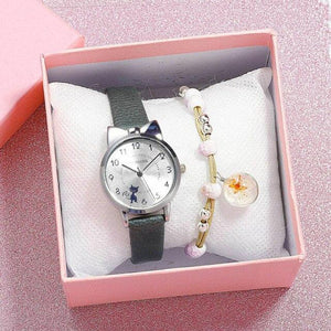 New Fashion Childrens Watch Analog Children Quartz Watch With Bracelet Set Little Cat Watch Kids Children Quartz Electronic Watch Unisex Wrist Leather Strap Watches