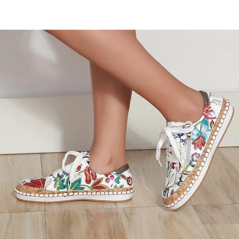 New Popular Womens Shoes Colorful Beautiful Flower Printing Shoes Lace-up Flat Women's Casual Womens Sneakers High-Quality Women's White Sports Casual Couple Shoes Summer Trainers Walking Sneakers