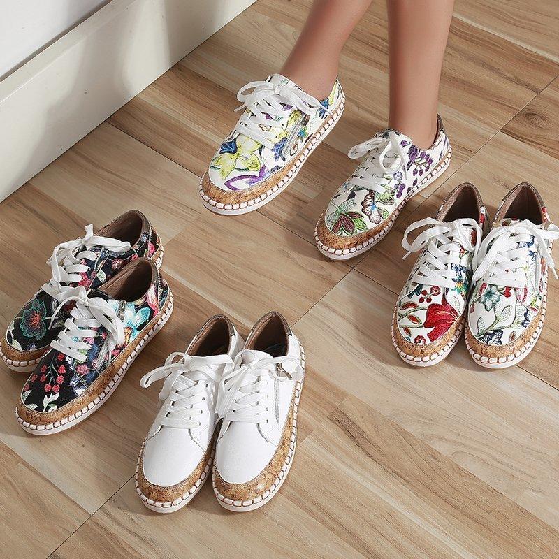 New Popular Womens Shoes Colorful Beautiful Flower Printing Shoes Lace-up Flat Women's Casual Womens Sneakers High-Quality Women's White Sports Casual Couple Shoes Summer Trainers Walking Sneakers