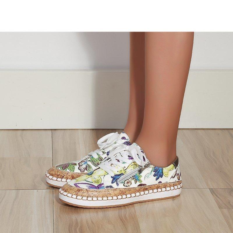 New Popular Womens Shoes Colorful Beautiful Flower Printing Shoes Lace-up Flat Women's Casual Womens Sneakers High-Quality Women's White Sports Casual Couple Shoes Summer Trainers Walking Sneakers