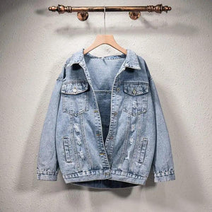 New Sizzling Women's Denim Jacket Fashionable Streetwear Letter Stylish Chic Printed Ripped Holes Jean Patchwork Jeans Female Coat
