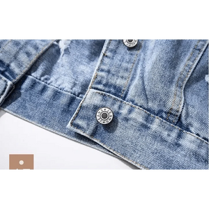 New Sizzling Women's Denim Jacket Fashionable Streetwear Letter Stylish Chic Printed Ripped Holes Jean Patchwork Jeans Female Coat
