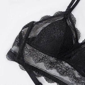 New Splendid French Style Lingerie Soft Bralette Deep V Lace Wireless Triangular Padded Cups Backless Bra