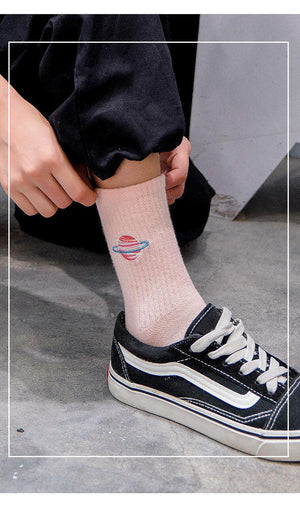Combed Out Of Pure Cotton Socks Autumn Cute Japanese Harajuku Planet Magic Array Embroidery Long Socks Korean Style Kawaii Girls Socks For Men And Women