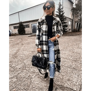 New Trendy Women's Coat Autumn Winter Long Sleeve Red Plaid Jacket Women Lapel Single Breasted Cardigan Coat Turndown Collar Women Coat