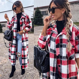 New Trendy Women's Coat Autumn Winter Long Sleeve Red Plaid Jacket Women Lapel Single Breasted Cardigan Coat Turndown Collar Women Coat