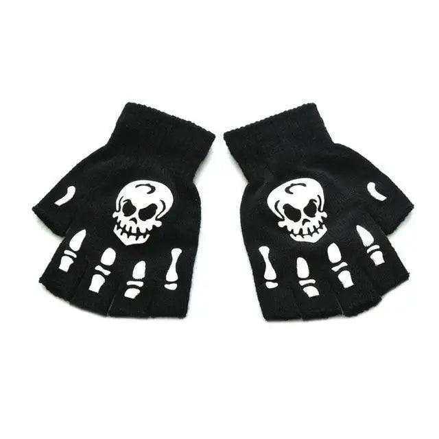 New TrendyHalf Finger Gloves Glow  Dark Fingerless Stretch Knitted Winter Mittens Men/Women's Skeleton Pattern Knit Gloves Fingerless Gloves