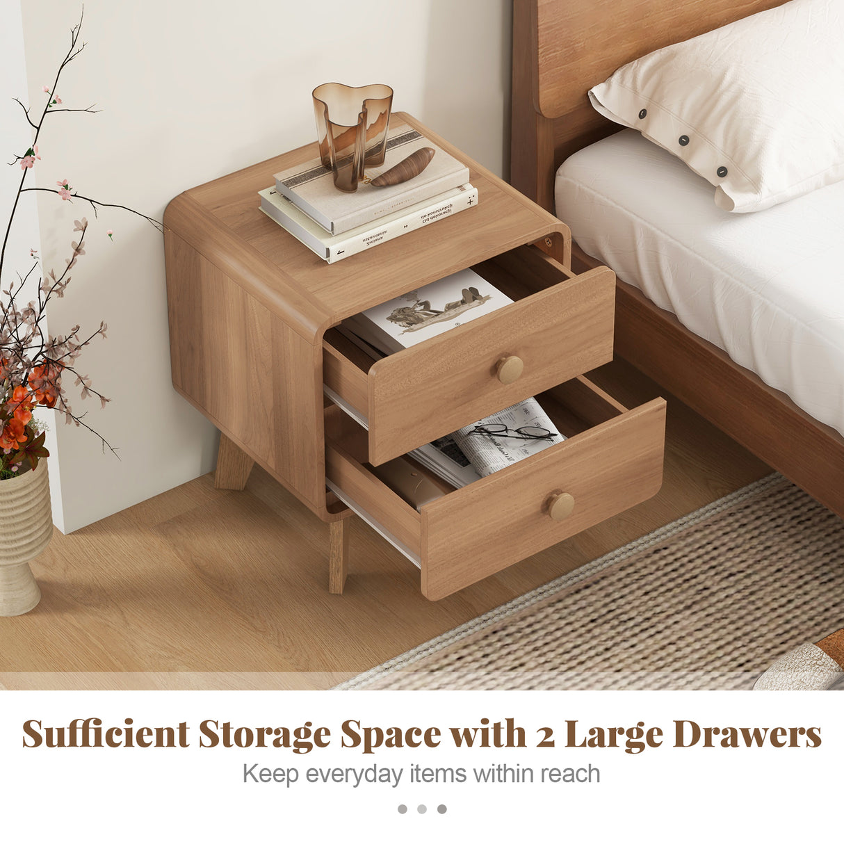 Nightstand with 2 Drawers Solid Rubber Wood Legs-Brown