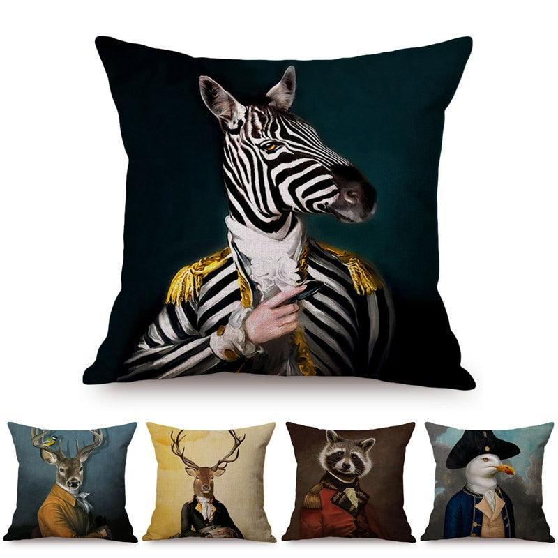 Nordic Art Posters Style Pillow Covers Decorative Cushion Cover Zebra Giraffe Elephant Horse Fashion Animal Wearing Hat Sofa Throw Pillow Case