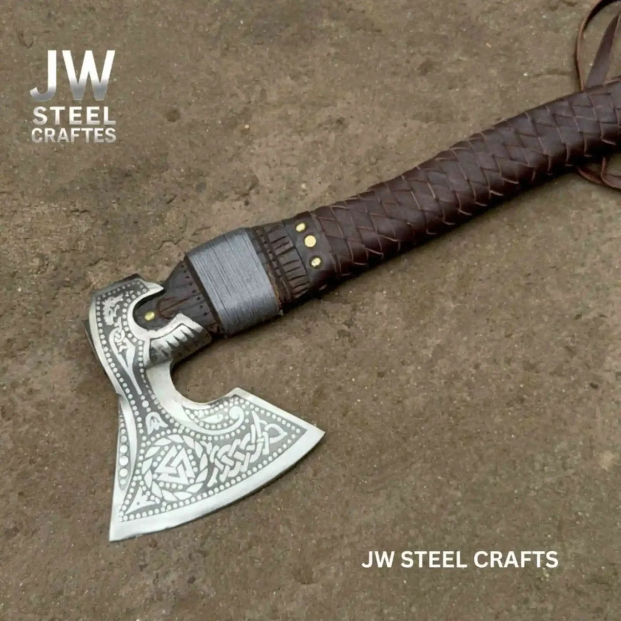 Engraved Norse Valknut Hatchet with Braided Leather Handle