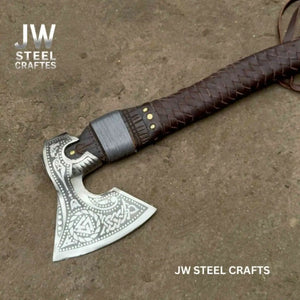 Engraved Norse Valknut Hatchet with Braided Leather Handle