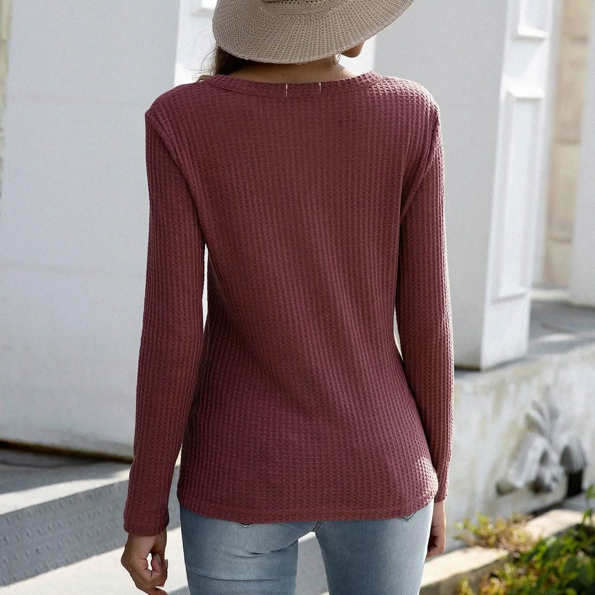 Notched Waffle Knit Solid Tee