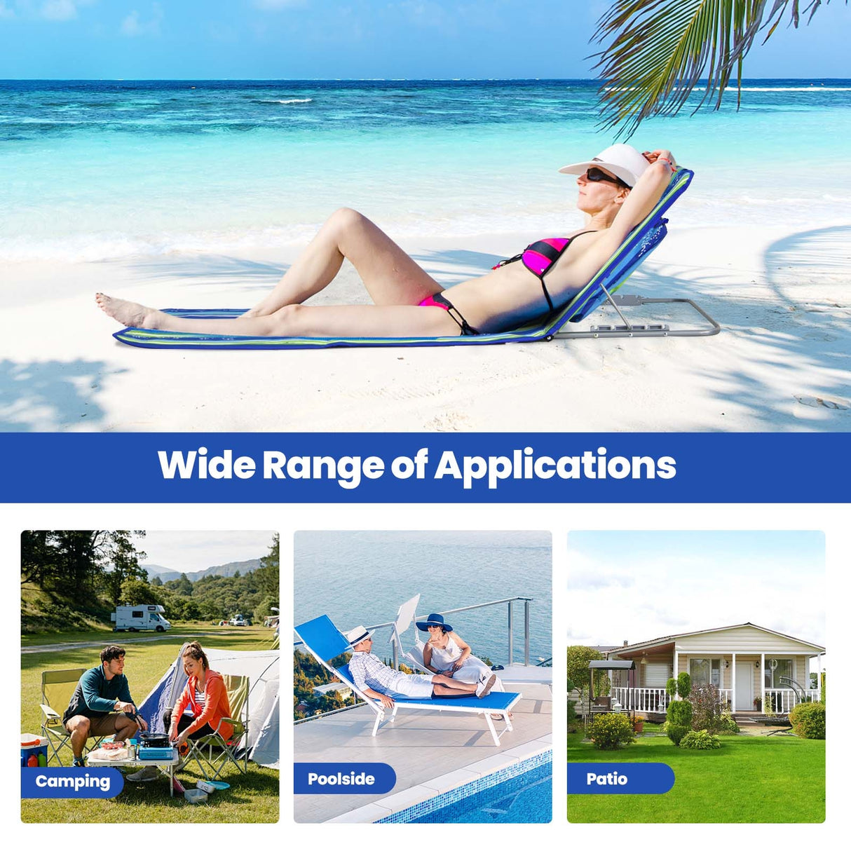 3 Pieces Beach Lounge Chair Mat Set 2 Adjustable Lounge Chairs with Table Stripe-Stripe