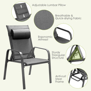 3 Pieces Patio Bistro Furniture Set with Adjustable Backrest-Gray