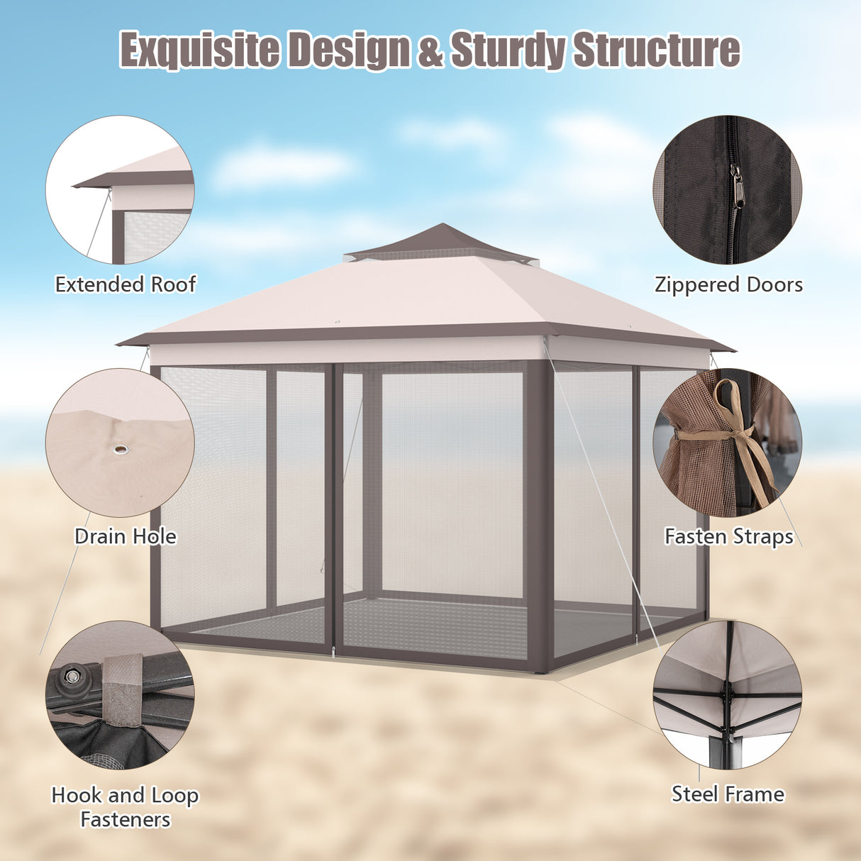 2-Tier Pop-Up Gazebo Tent Portable Canopy Shelter Carry Bag Mesh-Beige