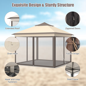 2-Tier Pop-Up Gazebo Tent Portable Canopy Shelter Carry Bag Mesh-Brown
