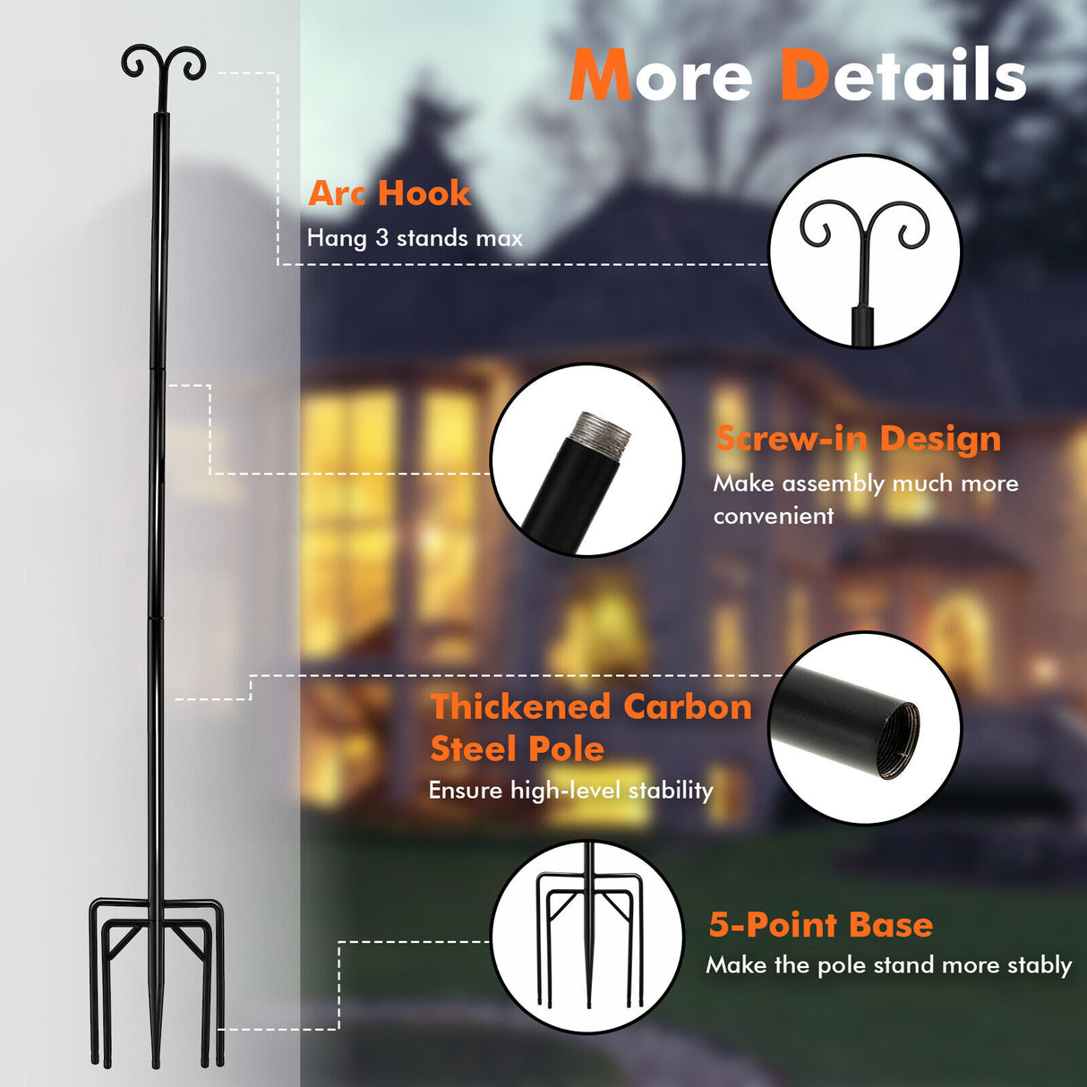 String Light Poles 2 Pack Outdoor Metal Poles with Top Arc Hook and 5-Prong Base-10 ft