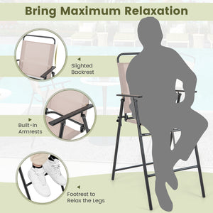 Set of 2 Patio Folding Bar-Height Chairs with Armrests and Quick-Drying Seat-Beige
