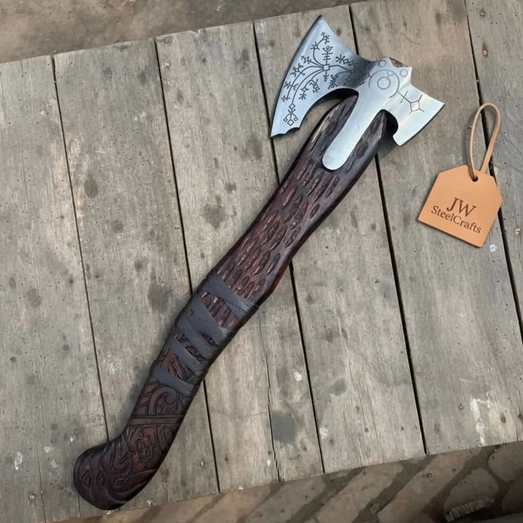 Engraved Leviathan Axe Replica with Carved Wood Handle