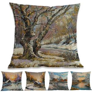 Oil Painting Style Pillow Covers Winter Rural Landscape Cabins Woods And Rivers In Snow Linen Cotton Pillow Case Home Sofa Decoration Cushion Cover Woodland Tree Decorative Throw Pillow Covers Square Outdoor Pillow Case 45X45CM