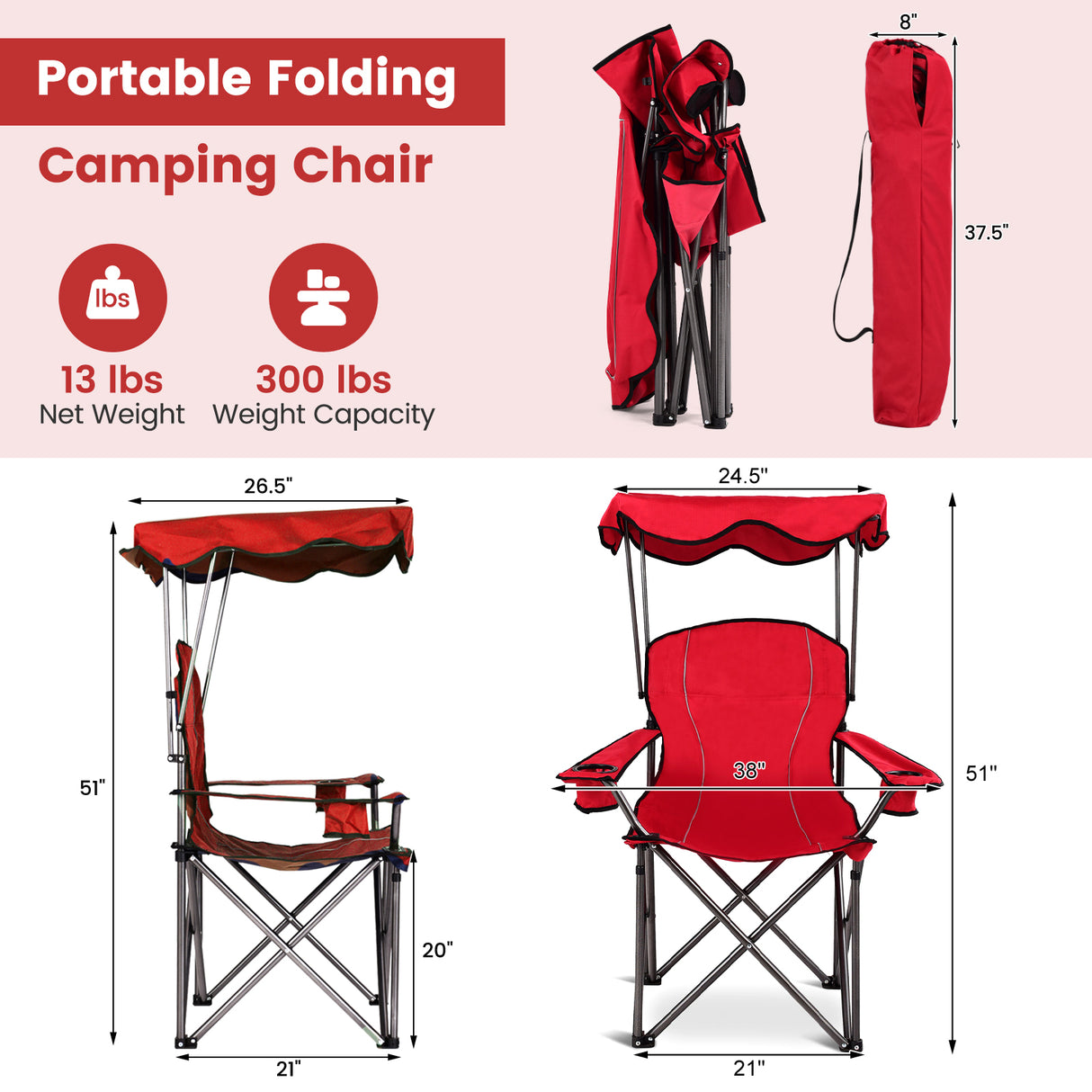 Portable Folding Beach Canopy Chair with Cup Holders-Blue